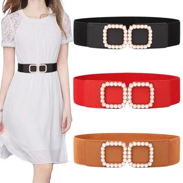 Faux pearl square buckle elastic corset belt for women