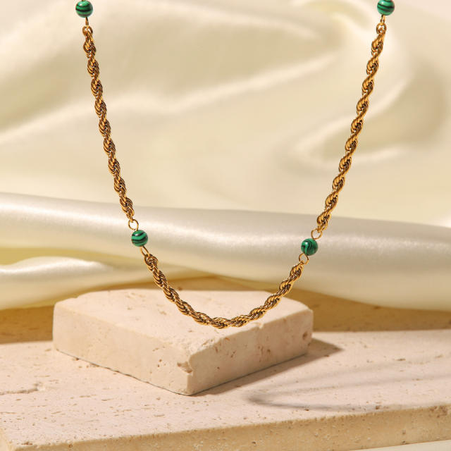 Natural malachite beads stainless steel necklace rope chain necklace