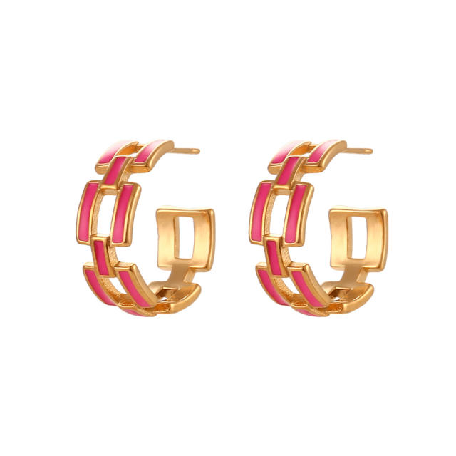 18K concise hollow chain enamel open hoop stainless steel earrings