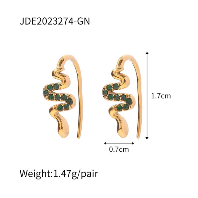 Snake shape color cubic zircon setting stainless steel earrings