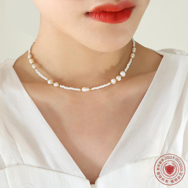 Delicate pearl bead choker necklace