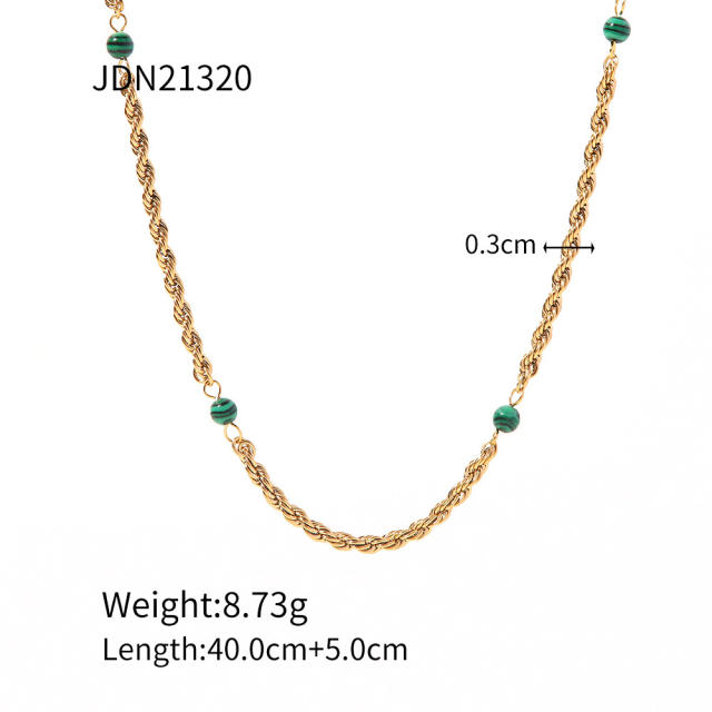 Natural malachite beads stainless steel necklace rope chain necklace