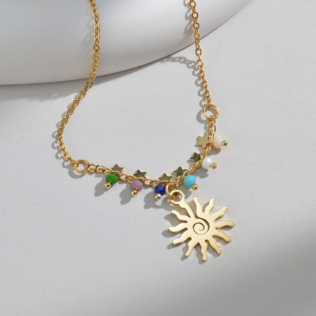 Occident fashion sun pendant natural beads stainless steel necklace