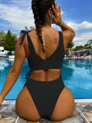 Black color hollow design one piece swimsuit