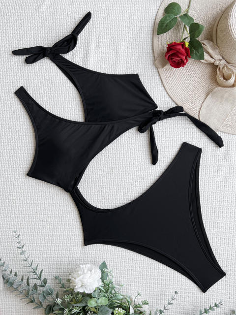 Black color hollow design one piece swimsuit