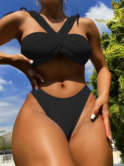 Black color high waist women two piece swimsuit