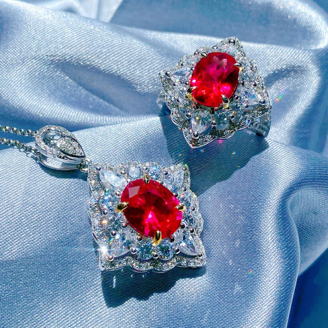 Ruby crystal statement necklace rings set