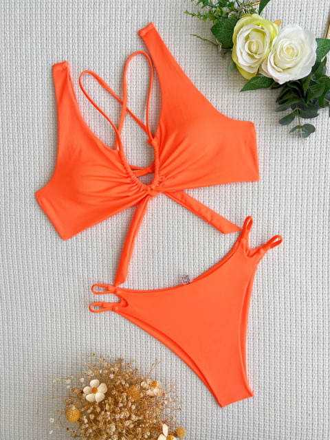 Orange color sexy hollow design two piece swimsuit