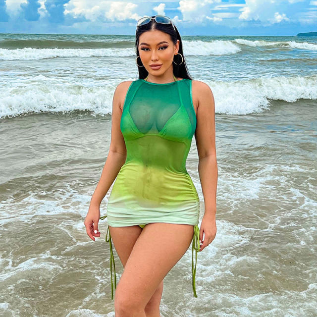 Sexy green color mesh cover up bikini set