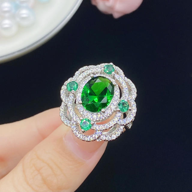 Ruby crystal statement hollow flower rings
