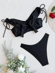 Black color high waist women two piece swimsuit