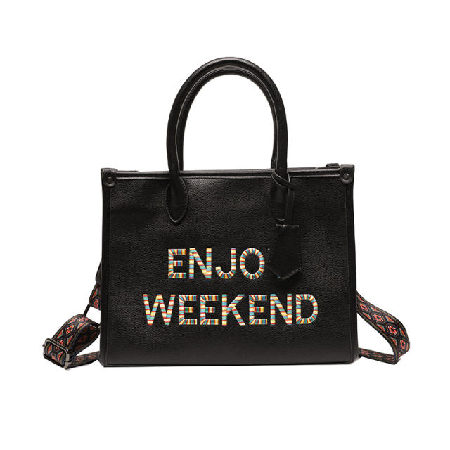 PU leather enjoy weekend letter large capacity handbag