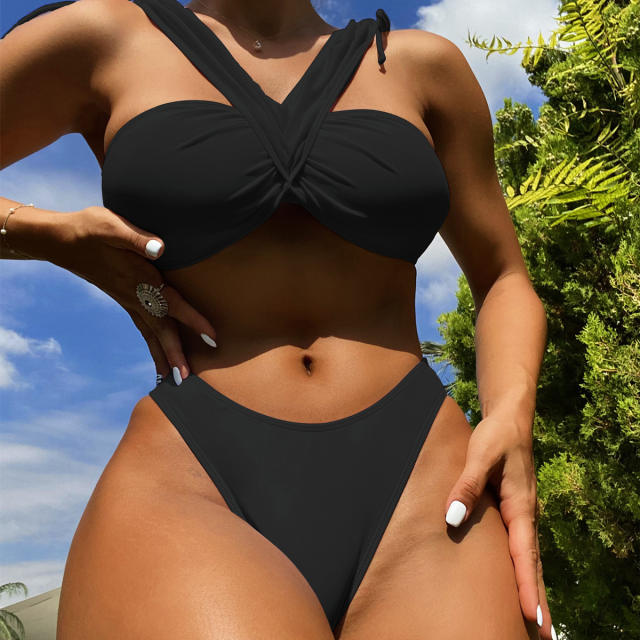Black color high waist women two piece swimsuit
