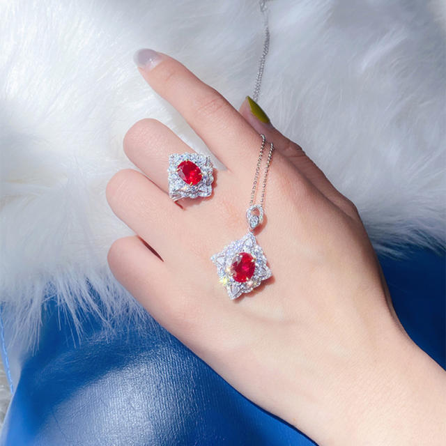 Ruby crystal statement necklace rings set
