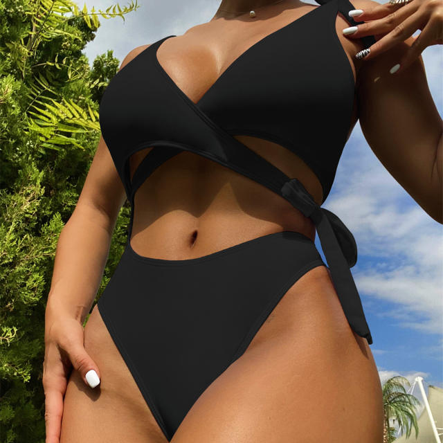 Black color hollow design one piece swimsuit
