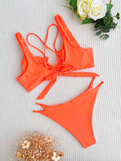 Orange color sexy hollow design two piece swimsuit