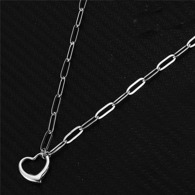Korean fashion paperclip chain hollow heart stainless steel necklace