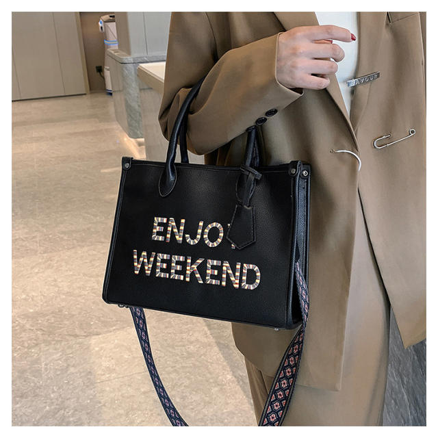 PU leather enjoy weekend letter large capacity handbag