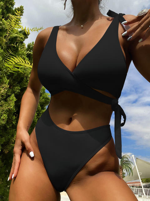 Black color hollow design one piece swimsuit