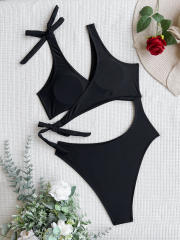 Black color hollow design one piece swimsuit