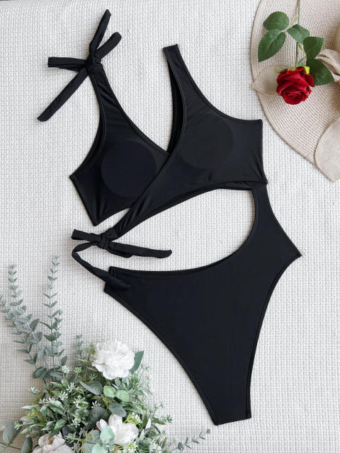 Black color hollow design one piece swimsuit