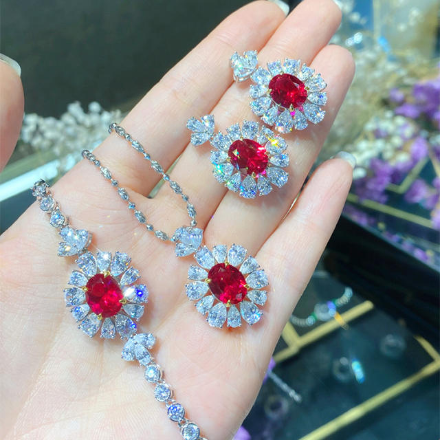 Luxury ruby crystal statement necklace earrings rings set