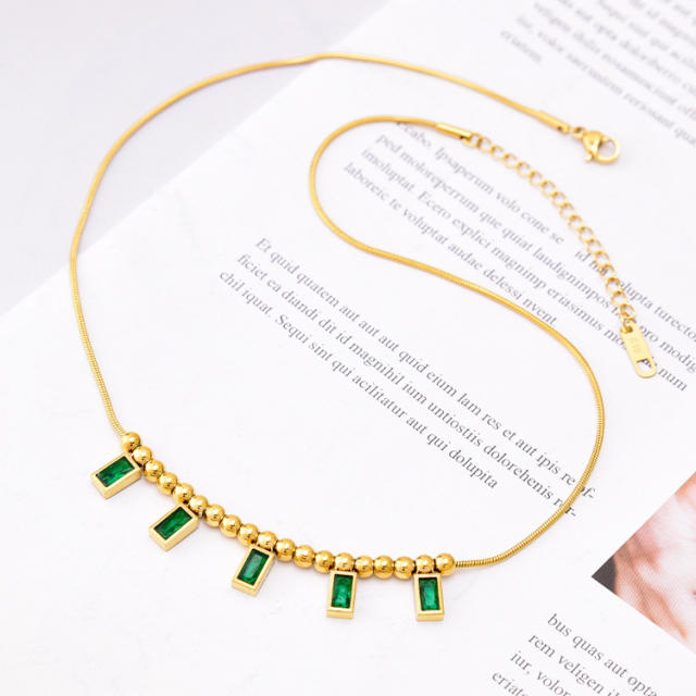 Korean fashion snake chain green cubic zircon stainless steel necklace