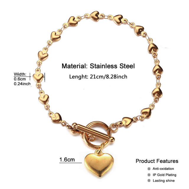 Korean fashion heart charm toggle stainless steel bracelet