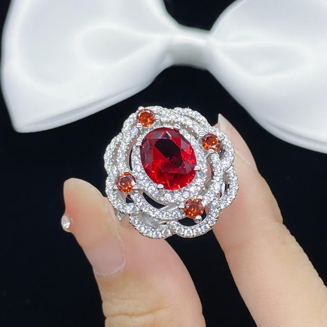 Ruby crystal statement hollow flower rings