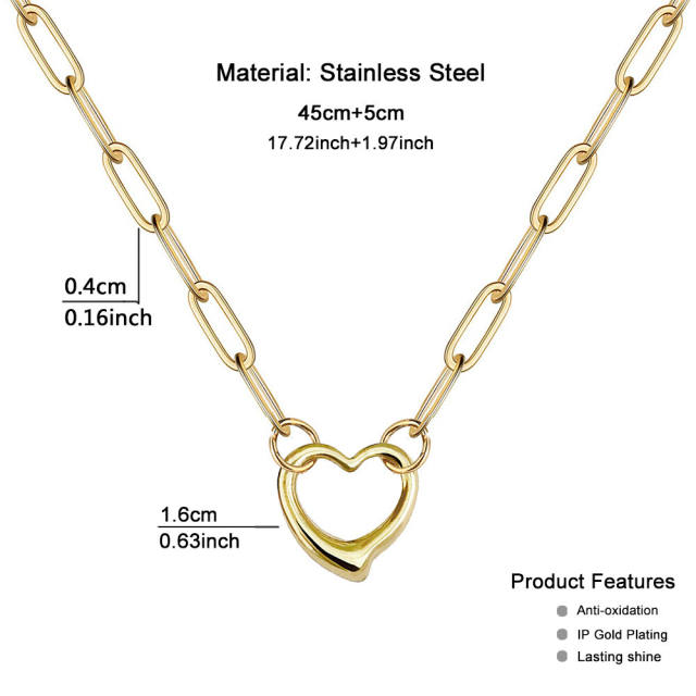 Korean fashion paperclip chain hollow heart stainless steel necklace