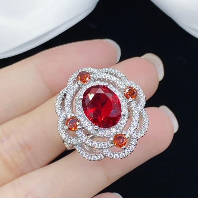 Ruby crystal statement hollow flower rings