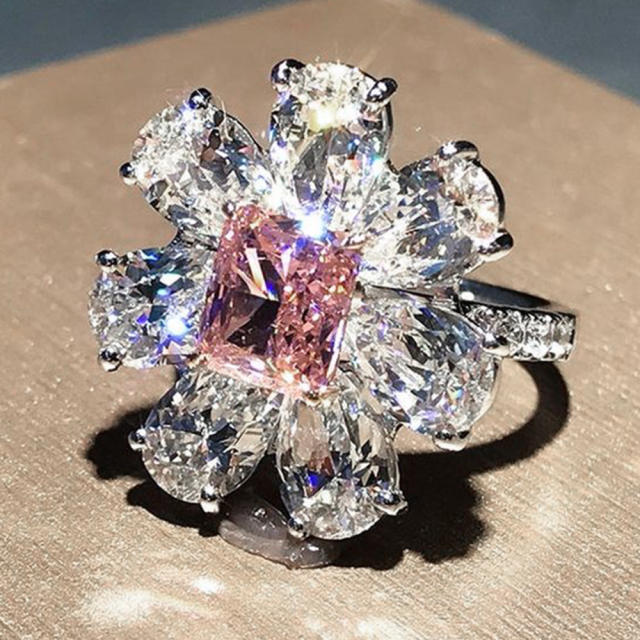 Sweet pink crystal flower rings