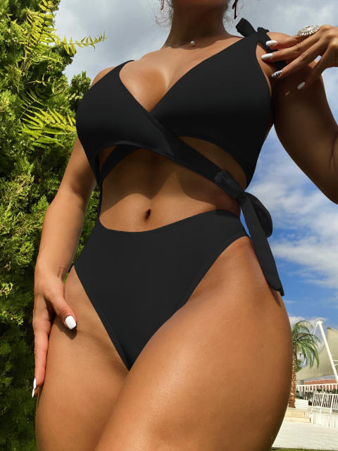 Black color hollow design one piece swimsuit
