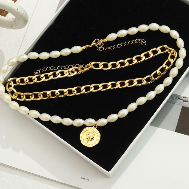 INS vintage faux pearl coin choker necklace