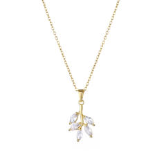 18K diamond leaf stainless steel chain pendant necklace