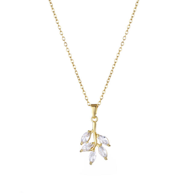 18K diamond leaf stainless steel chain pendant necklace