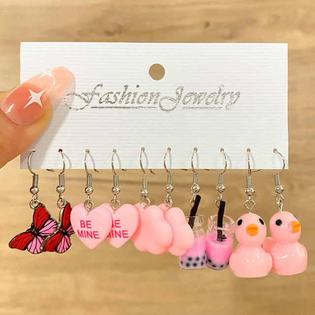 5 pair cartoon cloud duck heart funny earrings set
