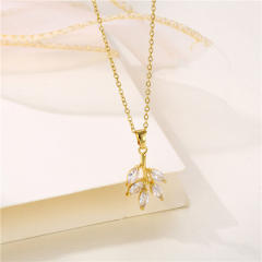 18K diamond leaf stainless steel chain pendant necklace