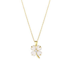 White color opal stone clover pendant necklace