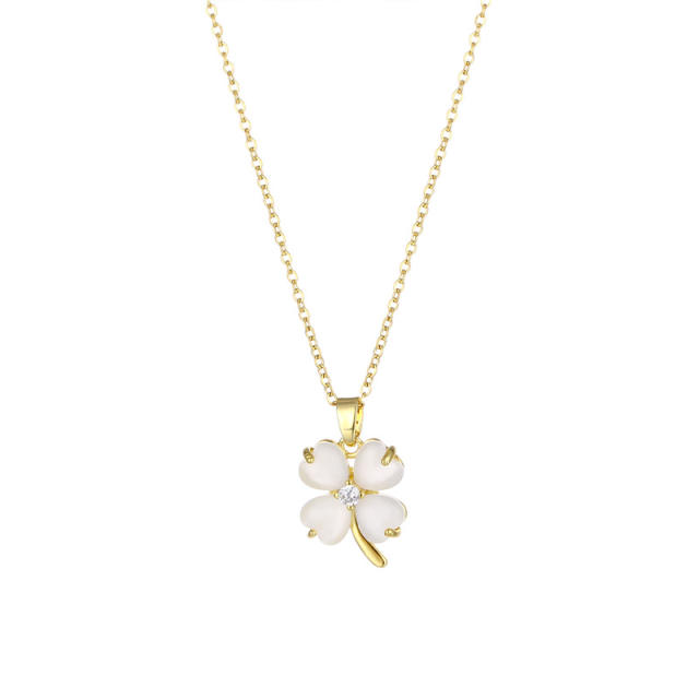 White color opal stone clover pendant necklace