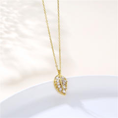 Cute diamond leaf stainless steel chain pendant necklace