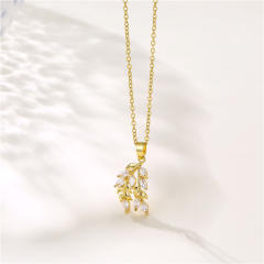 Cubic zircon leaf stainless steel pendant necklace