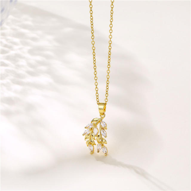 Cubic zircon leaf stainless steel pendant necklace