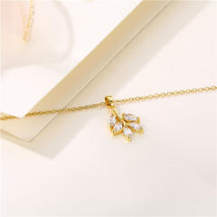 18K diamond leaf stainless steel chain pendant necklace