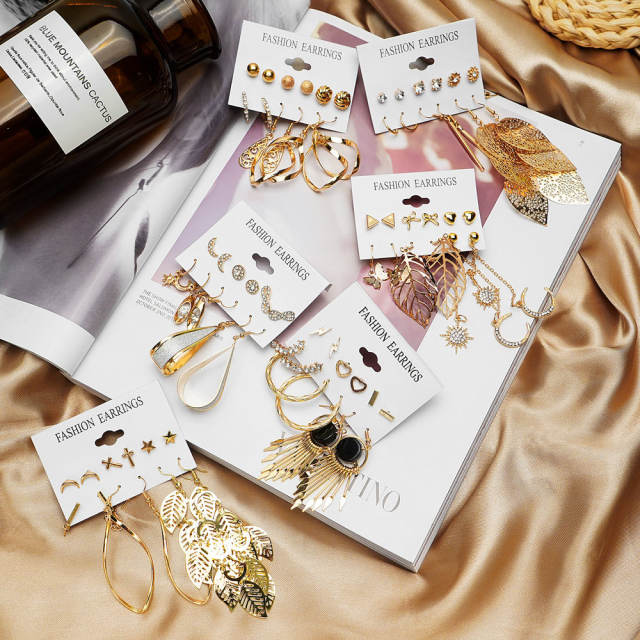 Creative metal hollow leaf earrings set