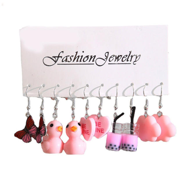5 pair cartoon cloud duck heart funny earrings set