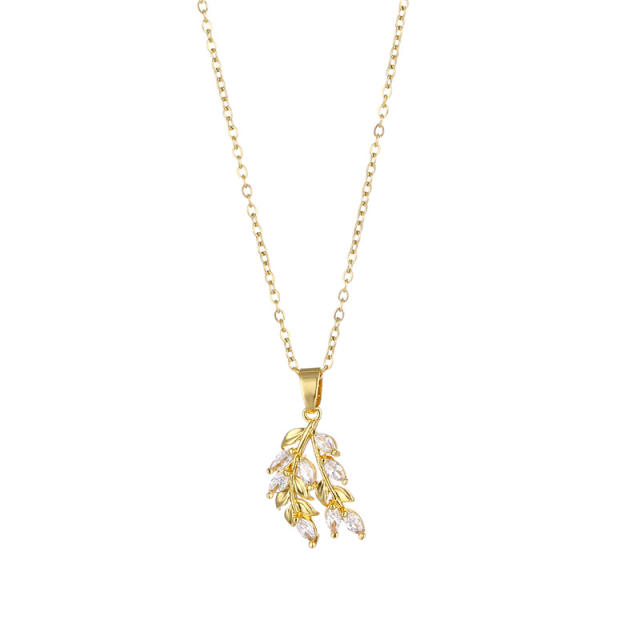 Cubic zircon leaf stainless steel pendant necklace