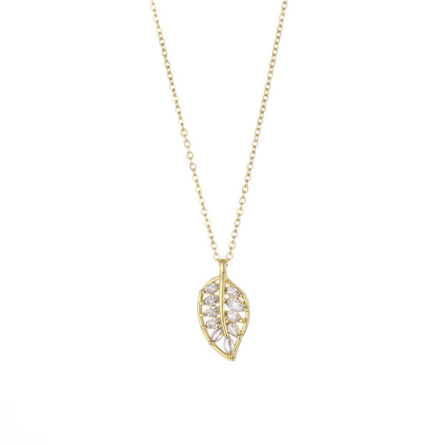 Cute diamond leaf stainless steel chain pendant necklace