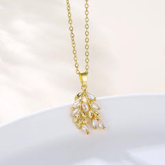 Cubic zircon leaf stainless steel pendant necklace