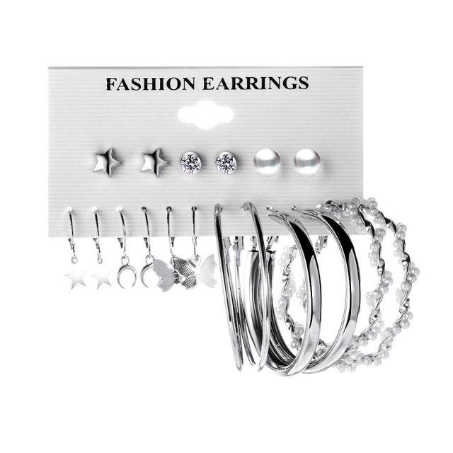 9 pair easy match metal hoop earrings butterfly earrings set